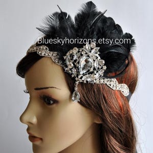 Tocado estilo flapper de los años 20, diadema estilo flapper con diamantes de imitación, El gran Gatsby, diadema con diamantes de imitación, broche vintage con diamantes de imitación, plata y negro