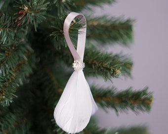 White Geese Feathers Christmas tree ornaments, Set of 5/10 crystal geese feathers winter decorations, Feather Christmas decoration ornament