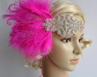 Pink  beaded flapper Gatsby Headband, Peacock Wedding Beaded pink feathers headband, Crystal Wedding Headpiece, 1920s Flapper headband