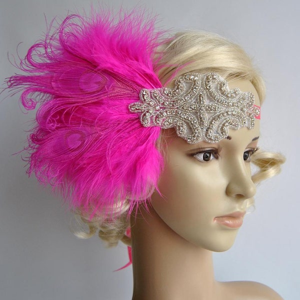 Pink  beaded flapper Gatsby Headband, Peacock Wedding Beaded pink feathers headband, Crystal Wedding Headpiece, 1920s Flapper headband