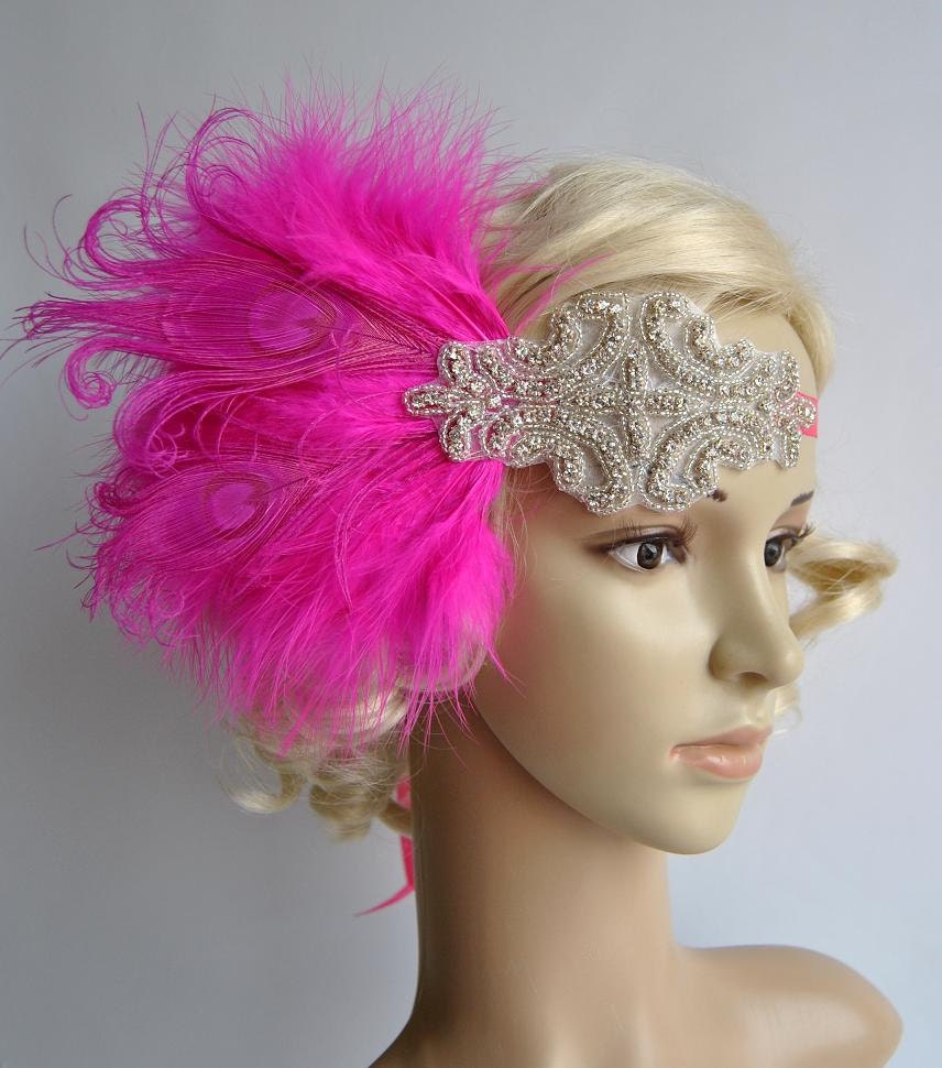 Pink Beaded Flapper Gatsby Headband, Peacock Wedding Beaded  display picture 3