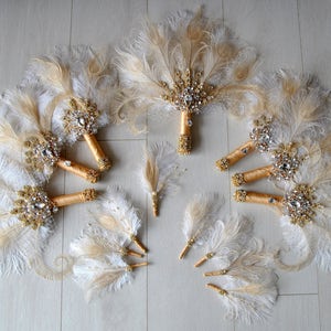 Gold Bridal brooch Bouquet Ostrich Big alternative Feather Fan Bridal Bouquet Ivory Great Gatsby 1920s art deco wedding Roaring 20's bouquet image 3