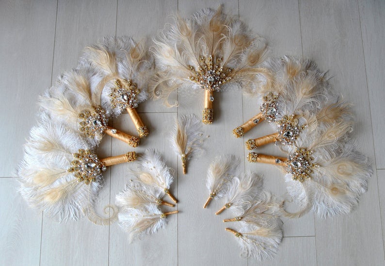 Gold Bridal brooch Bouquet Ostrich Big alternative Feather Fan Bridal Bouquet Ivory Great Gatsby 1920s art deco wedding Roaring 20's bouquet image 3