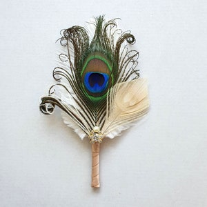 Green Groom Wedding Boutonniere, Ostrich Feather Ivory Peacock 1920s groomsmen boutonnire, Bridal groom boutonniere crystal button hole gift
