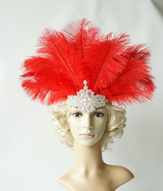 Copricapo di carnevale con piume di cristallo rosso Gatsby fascia