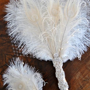 Bridal Fan alternative Ostrich Feather Fan Bridal Bouquet Ivory Gatsby 1920s Bouquet Bridesmaid Fan wedding groom feathers boutonniere gift image 1