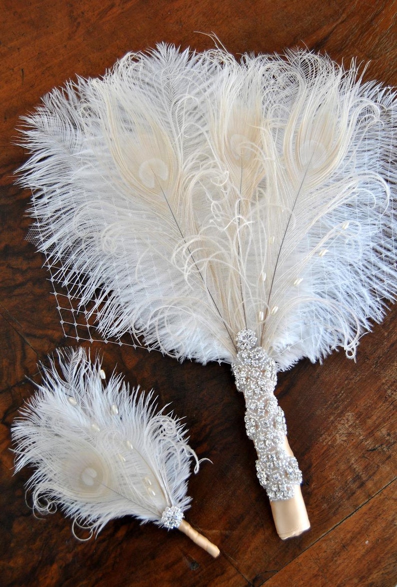 Bridal Fan alternative Ostrich Feather Fan Bridal Bouquet Ivory Gatsby 1920s Bouquet Bridesmaid Fan wedding groom feathers boutonniere gift image 1