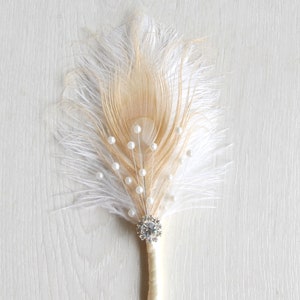 Pearls Ivory boutonniere Ostrich Feather Bridal Great Gatsby 1920s  groomsmen boutonnire  wedding groom feathers boutonniere button hole