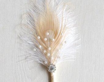 Pearls Ivory boutonniere Ostrich Feather Bridal Great Gatsby 1920s  groomsmen boutonnire  wedding groom feathers boutonniere button hole