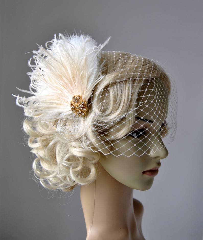 1920s Rhinestone head piece Bridal Veil White hairpiece headbpiece Feather 1920s Headpiece Bridal fascinator Wedding Veil and fascinator 