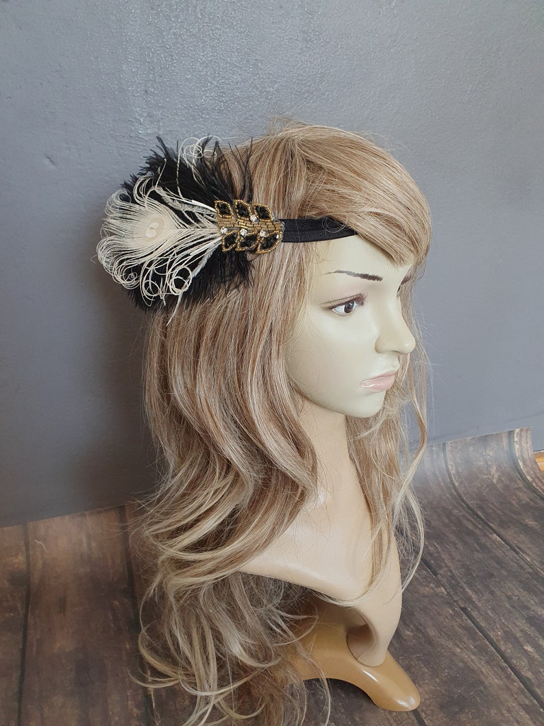 Black Ivory Flapper Headband,The Great Gatsby headpiece, 1920s Flapper Feather Headband, Vintage Inspired,1930's, Feather, Art Deco headband image 7
