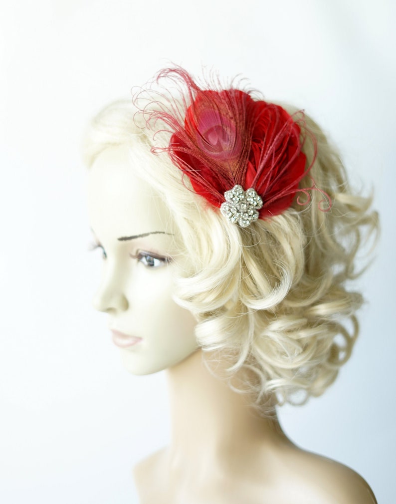 Red Feather Fascinator Hair Clip Abbey 1920's flapper headpiece Red Gatsby christmas headband, red bridal fasciantor feather hair piece image 1