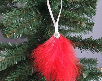 Red crystal christmas tree ornaments, set of red feather winter decorations, Feather baubles decoration, memorial angel ornament