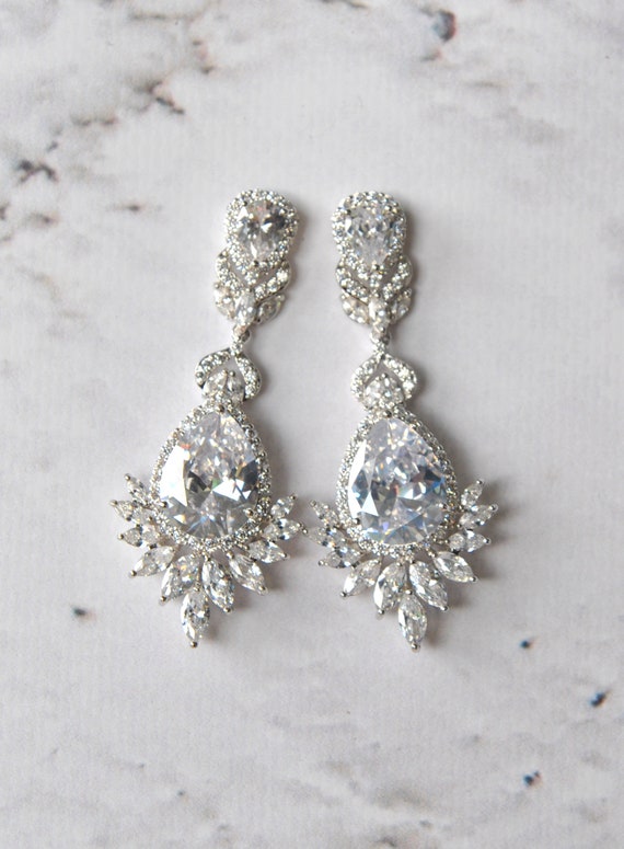 White bridal earrings with feather and crown Large drop wedding jewelry for bride or bridesmaidCrystal Bridal earrings
