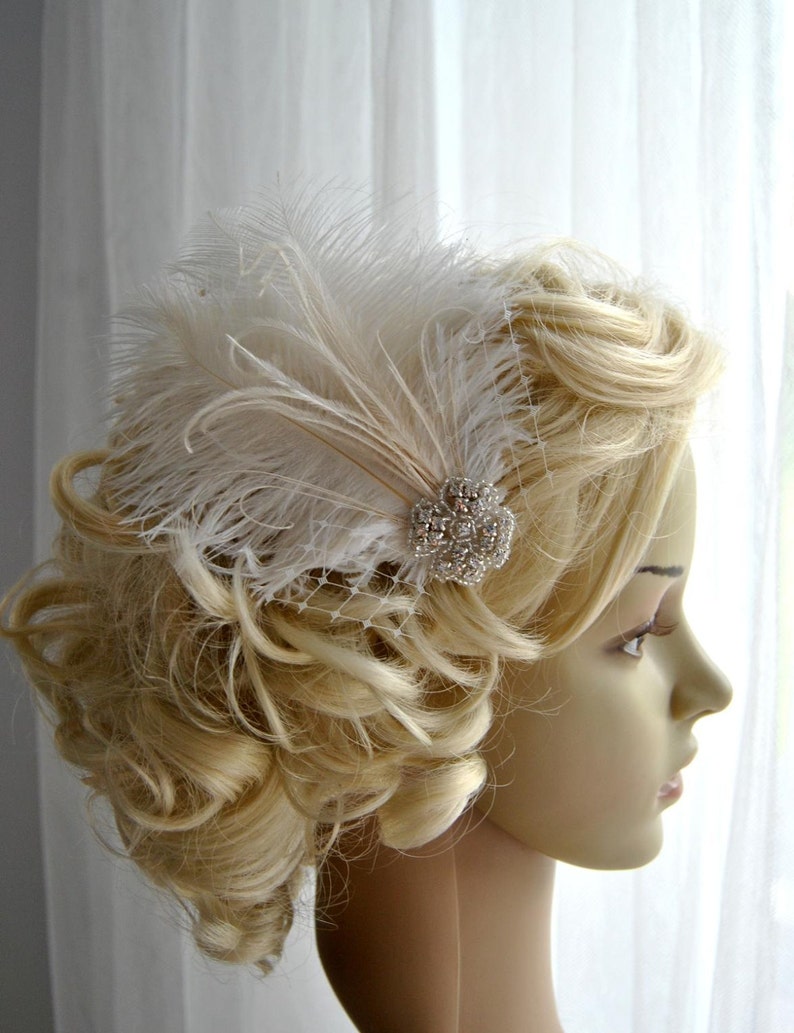 Ivory Rhinestone head piece fascinator Bridal White hairpiece headbpiece, Feather Fascinator, 1920s Headpiece ivory wedding fascinator gift image 1