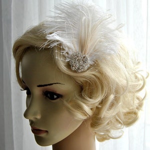 Ivory Rhinestone head piece fascinator Bridal White hairpiece headbpiece, Feather Fascinator, 1920s Headpiece ivory wedding fascinator gift image 2