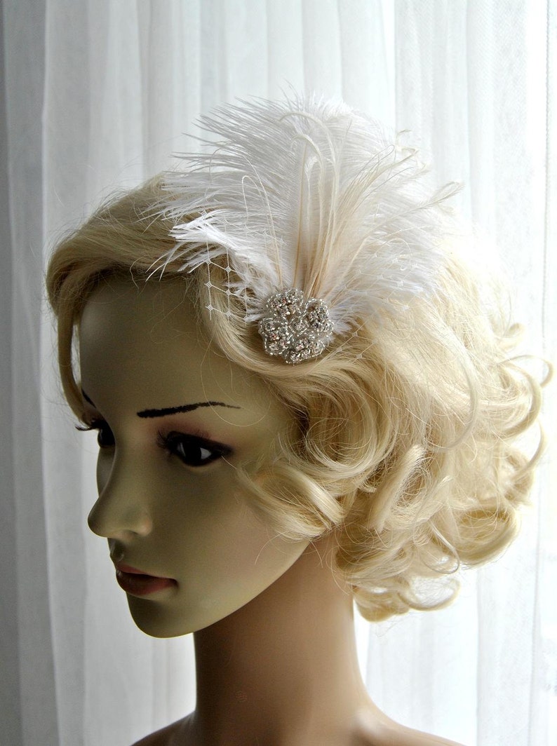 Ivory Rhinestone head piece fascinator Bridal White hairpiece headbpiece, Feather Fascinator, 1920s Headpiece ivory wedding fascinator gift image 2