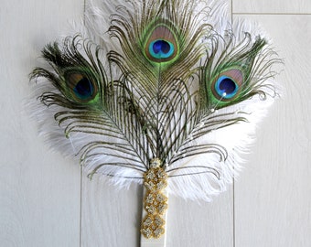 Peacock Feather Fan Bridal alternative Ostrich Feather Fan Bridesmaid Fan Bouquet Great Gatsby 1920s Bouquet wedding groom boutonniere