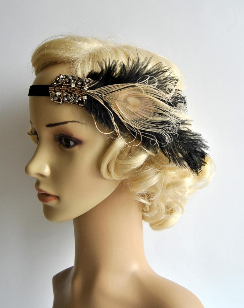 Black Ivory Flapper Headband,The Great Gatsby headpiece, 1920s Flapper Feather Headband, Vintage Inspired,1930's, Feather, Art Deco headband image 5