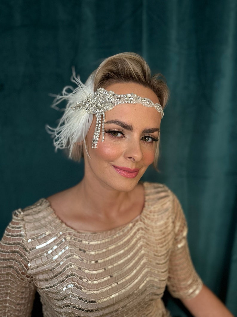 Gatsby 20's ivoor zendspoel hoofdband, parels flapper hoofdband jaren 1920 flapper zendspoel tovenaar, kristallen veer bruids hoofdband cadeau afbeelding 2