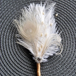 Groom boutonniere Ostrich Feather Bridal Ivory Great Gatsby 1920s  groomsmen boutonnire  wedding groom feathers boutonniere button hole