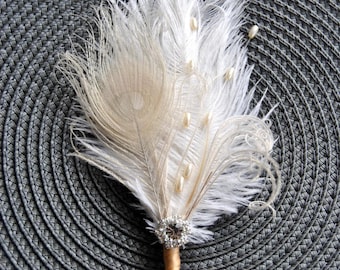 Groom boutonniere Ostrich Feather Bridal Ivory Great Gatsby 1920s  groomsmen boutonnire  wedding groom feathers boutonniere button hole