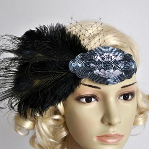 Black Rhinestone Vintage Inspired The Great Gatsby1920s headpiece Flapper Feather Headband, boho, rhinestone beaded headband