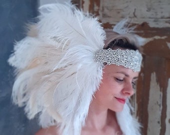 Swan Queen Feather Carnival Headdress Gatsby rhinestone flapper headband, Rio 1920's flapper Headpiece headband silver Samba party Crystal