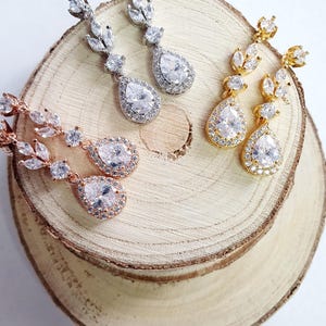 Lange Braut Ohrringe, Hochzeit Swarovski Ohrringe, Brautjungfern Geschenk, Silber Gold Rose Lange Kristall Braut Ohrstecker, Hochzeitsschmuck NELA