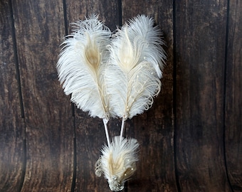 Set di 3 penne per firma di matrimonio, con piume di struzzo bianche, con strass e fiocco