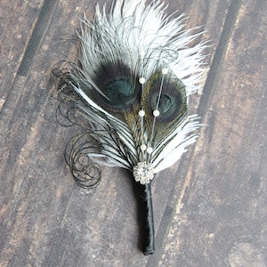 Black Off white Bridal boutonniere Ostrich Feather Bridal Gatsby 1920s groomsmen boutonnire wedding groom feathers boutonniere button hole