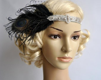 Black Flapper Feather Headband,The Great Gatsby headpiece, 1920s Flapper rhinestone Headband, Vintage Inspired,Feather, Art Deco headband