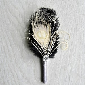 Black Ivory Groom boutonniere Ostrich Feather Gatsby Wedding 1920s groomsmen boutonnire wedding groom Peacock boutonniere button hole