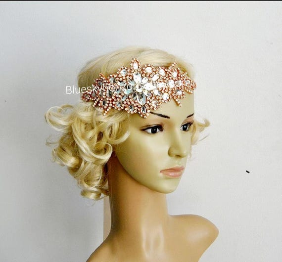 Glamour Rose Gold Rhinestone flapper Gatsby Headband, Wedding Headband,  Crystal Headband Headpiece, Bridal Headpiece, 1920s Flapper headband