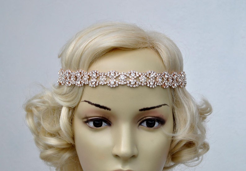 1920s Flapper headband Rose Gold Rhinestone Headband Bridal Wedding Rose Gold Crystal Headband Halo Bridal tie on ribbon Headband Headpiece