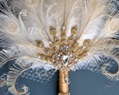 Gold Bridal brooch Bouquet Ostrich Big alternative Feather Fan Bridal Bouquet Ivory Great Gatsby 1920s art deco wedding Roaring 20's bouquet