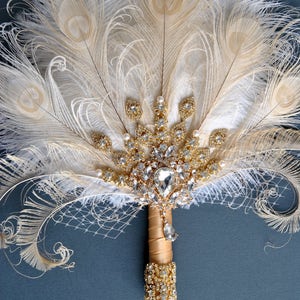 Gold Bridal brooch Bouquet Ostrich Big alternative Feather Fan Bridal Bouquet Ivory Great Gatsby 1920s art deco wedding Roaring 20's bouquet