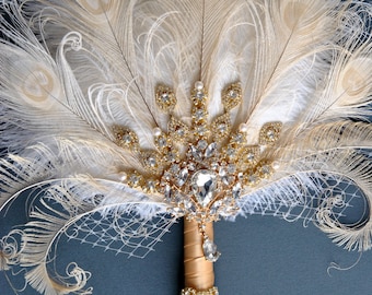 Broche de novia de oro Ramo Avestruz Gran alternativa Abanico de plumas Ramo de novia Marfil Gran Gatsby 1920 boda art déco Roaring 20's bouquet