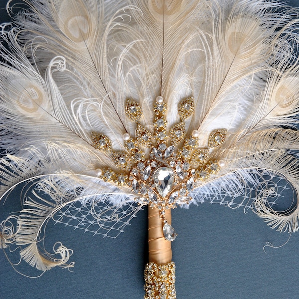 Gold Bridal brooch Bouquet Ostrich Big alternative Feather Fan Bridal Bouquet Ivory Great Gatsby 1920s art deco wedding Roaring 20's bouquet