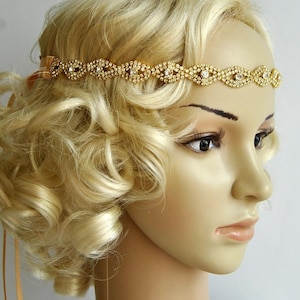 Gold Rhinestone Headband, Great Gatsby Headband, Crystal Headband, Wedding Bridal  ribbon Headband Headpiece, 1920s Flapper headband