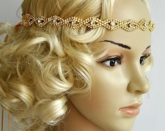Gold Rhinestone Headband, Great Gatsby Headband, Crystal Headband, Wedding Bridal  ribbon Headband Headpiece, 1920s Flapper headband
