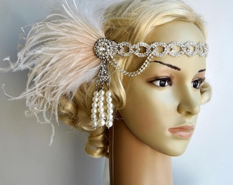 The Great Gatsby 20's rhinestone pearls 20's flapper Headpiece headband, Bridal Headband, Crystal Ribbon Headband, feather fascinator