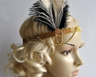 Deco Gold feather flapper Gatsby Headband, Wedding Crystal Headband, Wedding Headpiece Bridal Headpiece, 1920s Flapper headband Black Ivory