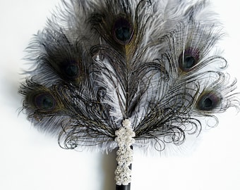 Gray Back Feather Fan, Bridal alternative Ostrich Feather Fan, Silver Bridal Bouquet Gatsby 1920s fan, Bouquet bridesmaid fan,  boutonniere
