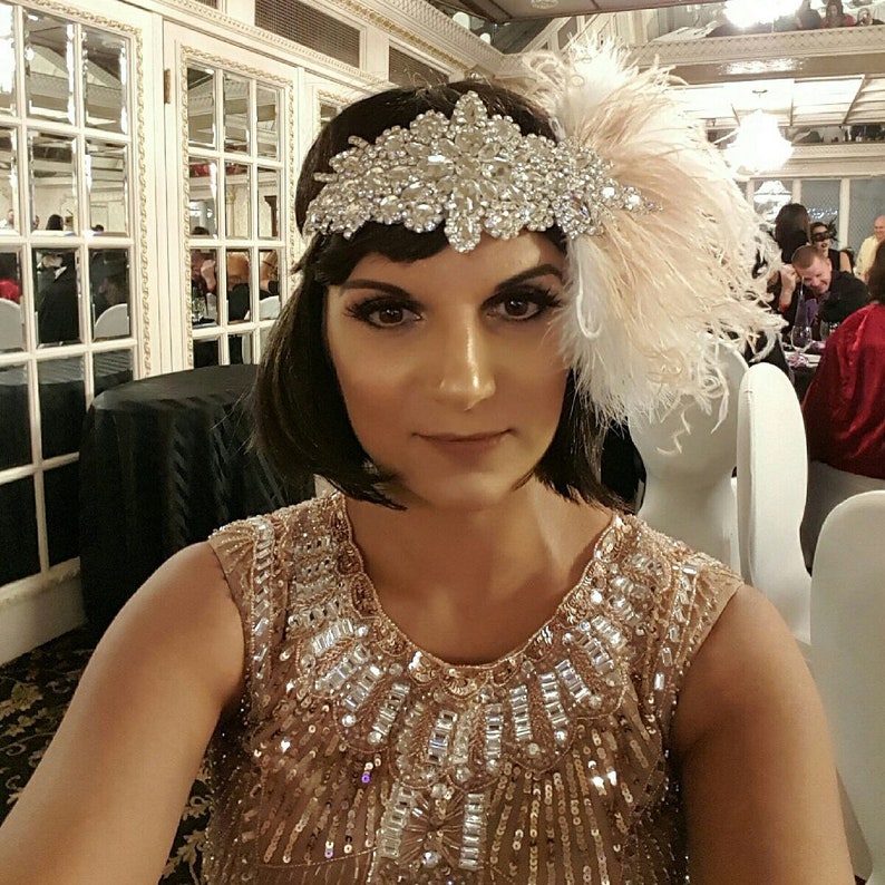 Glamour Rhinestone flapper Gatsby Crystal Headband, Wedding Headpiece, Bridal Headpiece, 1920s Flapper feathers image 5