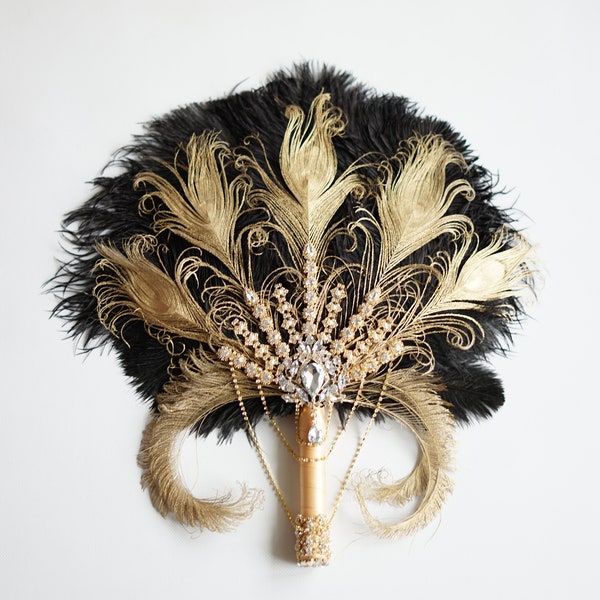 Gold Black Bridal fan, brooch Bouquet fan, Ostrich alternative Feather Fan, Bridal fan, gold Gatsby 1920s art deco wedding bouquet fan gift