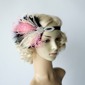 Black Pink Ivory Flapper Feather Headband  Gatsby headpiece, 1920s  rhinestone Headband, Vintage Inspired,Feather, Art Deco headband gift