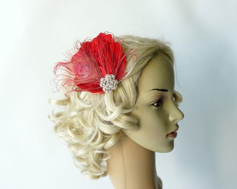 Red Feather Fascinator Hair Clip Abbey 1920's flapper headpiece Red Gatsby christmas headband, red bridal fasciantor feather hair piece image 5