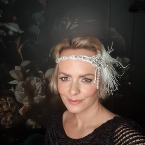 Gatsby 20's ivoor zendspoel hoofdband, parels flapper hoofdband jaren 1920 flapper zendspoel tovenaar, kristallen veer bruids hoofdband cadeau afbeelding 3