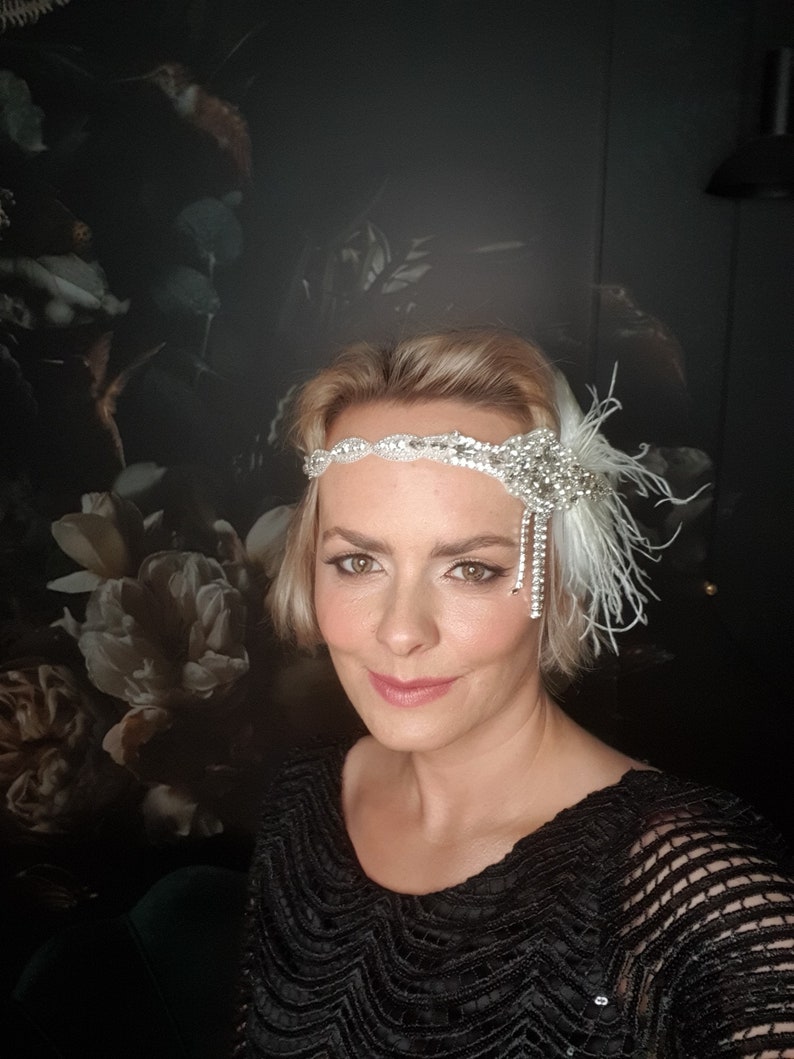 Gatsby 20's ivoor zendspoel hoofdband, parels flapper hoofdband jaren 1920 flapper zendspoel tovenaar, kristallen veer bruids hoofdband cadeau afbeelding 3